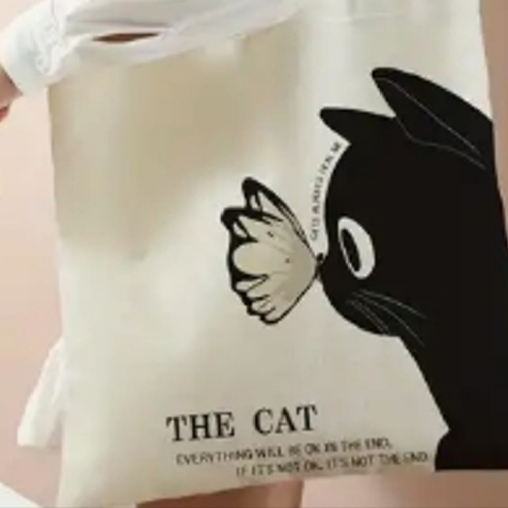 The Cat Canvas Tote Bag in White with Black Print